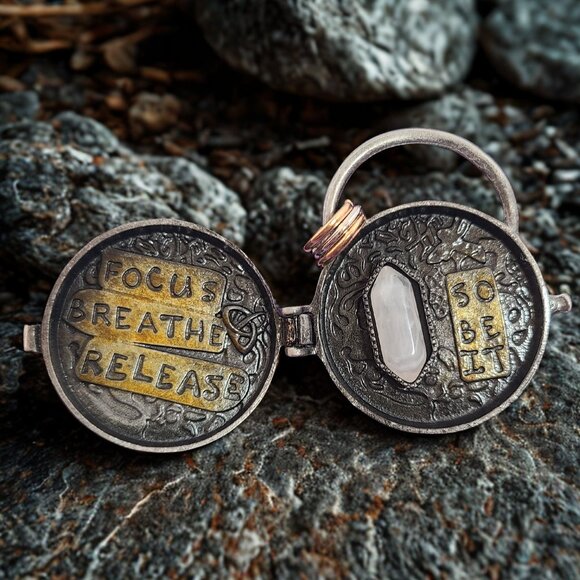 Triple Moon Mantra Locket with Clear Quartz for Meditation/Intention - Picture 1 of 8